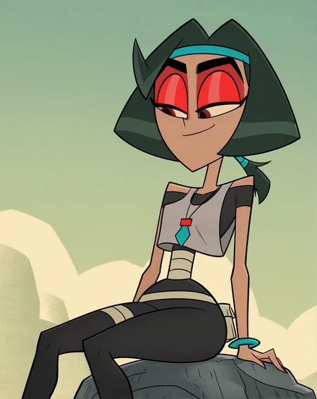 score_9, score_8_up, score_7_up, BW_zyn, 1girl, solo, brown skin, dark red eyes, dark green hair, twintails, medium hair, red eyeshadow, headband, bracelet, necklace, black body suit, bandages, grey tank top, small breasts, narrow waist, wide hips, desert with cactus background, sitting on a rock, half closed eye, nauthy smile, open legs, low angle, stockings