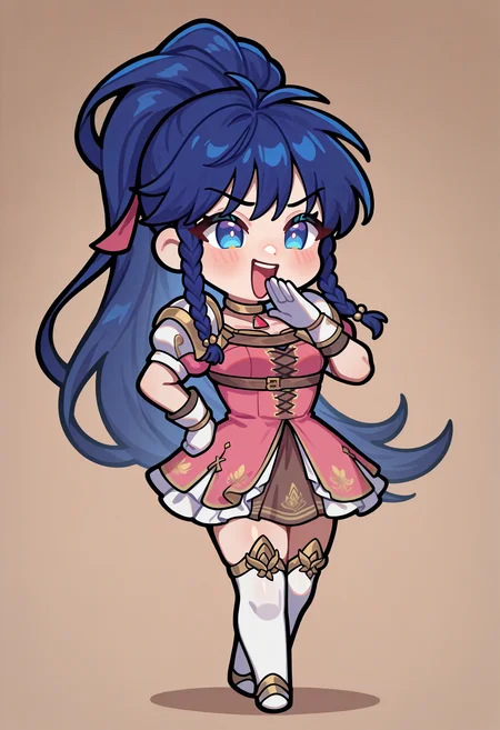 masterpiece, best quality, newest, absurdres, highres, 1girl, solo, chibi, meme, laughing, ojou-sama pose, standing, full body, <lora:TanaFE-illu:1> defTana, blue hair, long hair, high ponytail, hair ribbon, twin braids, blue eyes, gold choker, pink dress, chest strap, short dress, pauldrons, puffy short sleeves, white gloves, brown skirt, white thighhighs, simple background, drop shadow