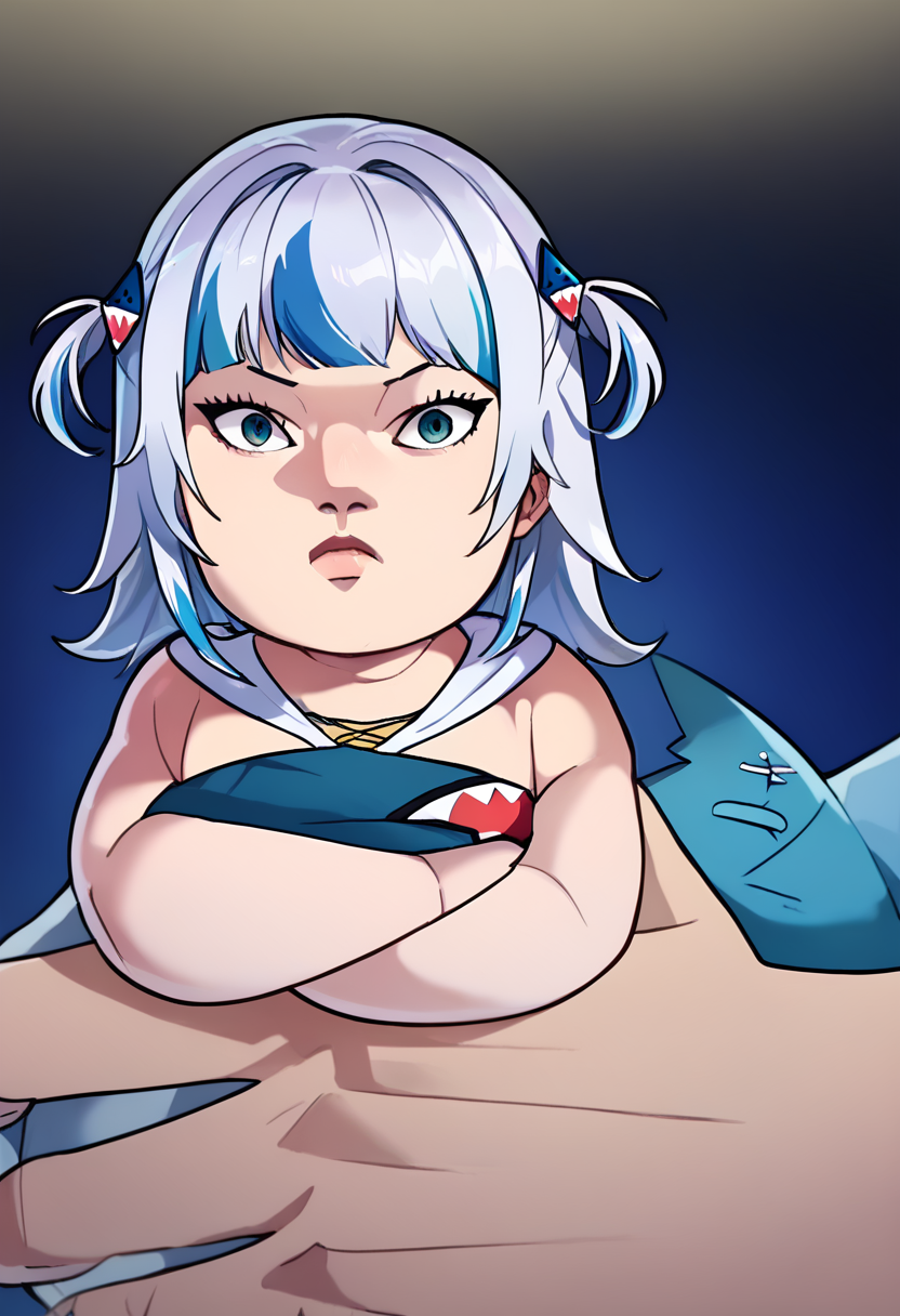 score_9, score_8_up, score_7_up, 1girl, queen never cry, serious face, gawr gura, blue hoodie, two side up, shark hair ornament, shark tail <lora:Queen_never_cry-000009-PONY:1>  <lora:guraXL:1>