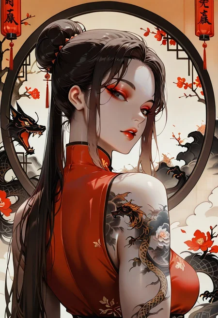 masterpiece, best quality, 32k, high resolution, absurdres, Chinoiserie, Mei, MeiRH, 1woman, mature woman, chinese woman, Very long black hair, brown gradient hair, high hair bun, brown eyes, asian eyes, pale skin, medium breasts, full right arm tattoo, big back tattoo, portrait, face closeup, front view, sleeveless Chinese dress, color splashes background, aesthetic, detailed eyes, upper body, looking at the viewer, parted lips, red lipgloss, eyeliner, makeup, back view, from behind shot