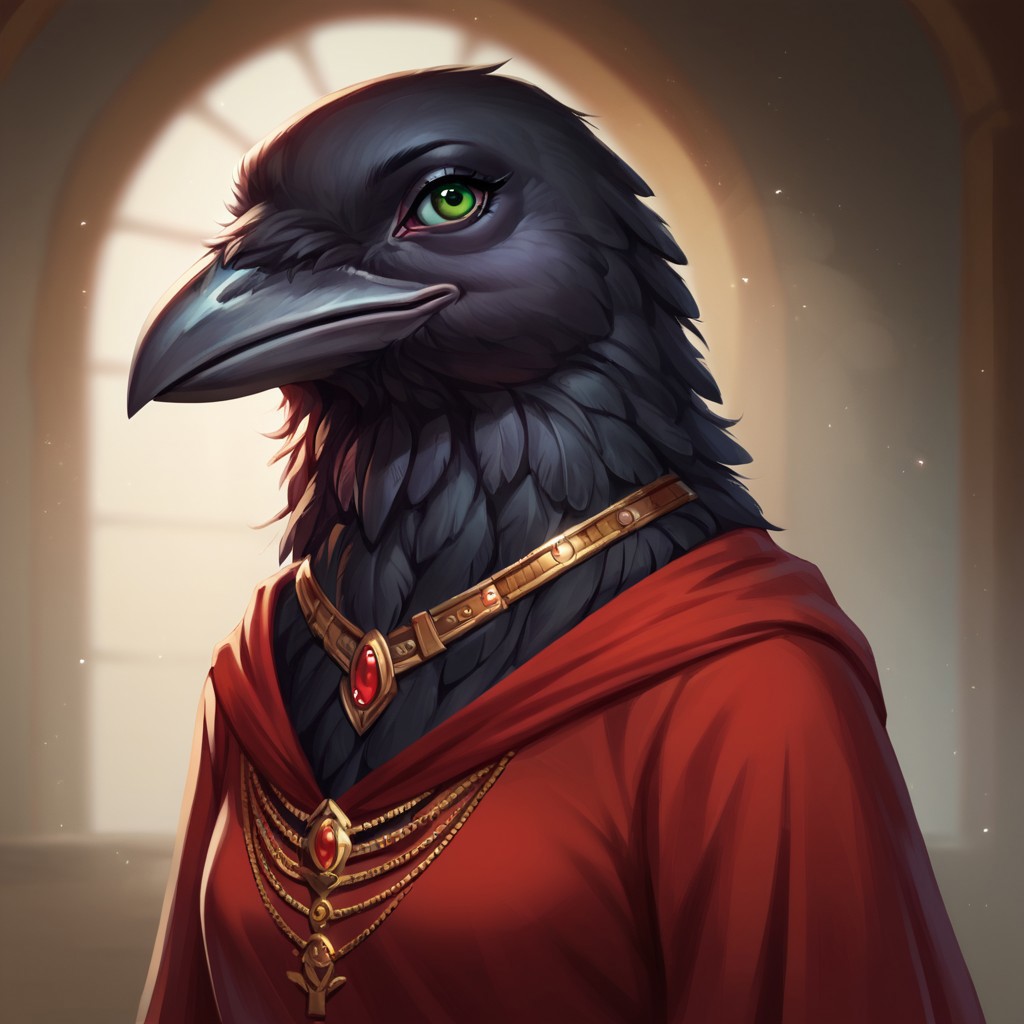 (((detailed, beautiful, high quality))), score_9, score_8_up, score_7_up, ((solo)), 
kenku, anthro bird, anthro crow, plumage,
1 girl, female focus, green eyes, red robe, gold jewelry,
looking at viewer, looking to the right, posing,
fantasy background, blurred background,
