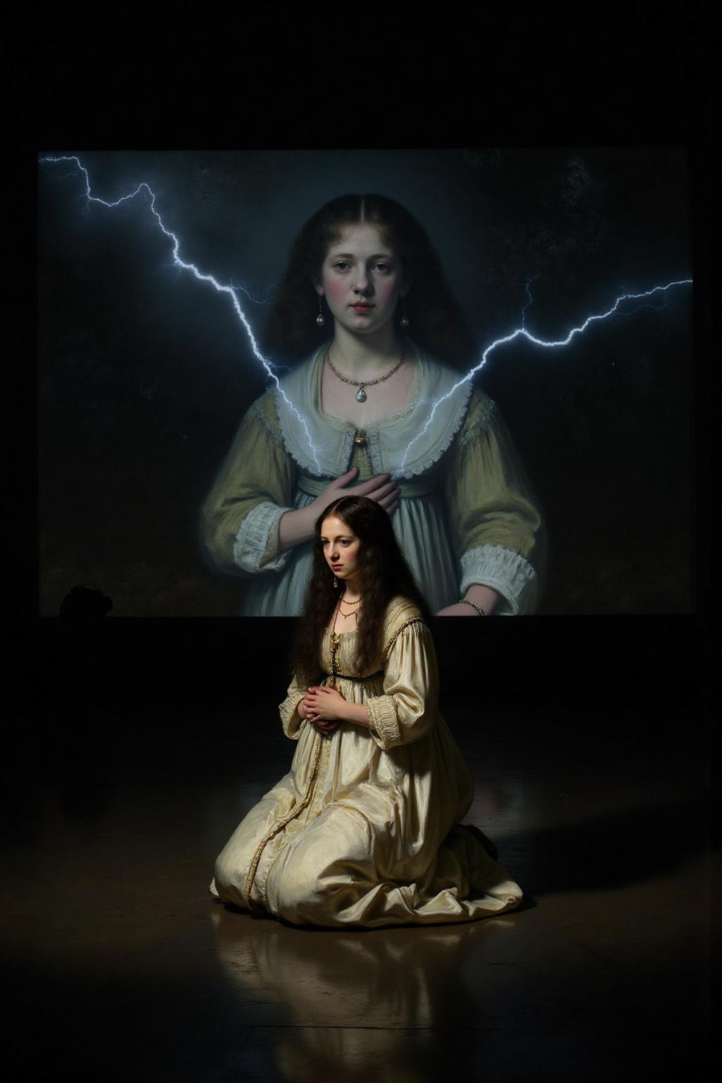 rembr2 oil painting 
Shot from the side, surreal, overhead shot of a a woman with long, dark hair, kneeling on a reflective, wet surface under intense rain and lightning. She wears a flowing, white dress. she gazes forward with an intense, almost sorrowful expression. Behind her, a massive screen displays a haunting image of the same woman, layered with flashes of lightning, adding a surreal, dreamlike quality.  <lora:rembr_paint1_semicap_d6a3:1.0><lora:812152365764520753:0>