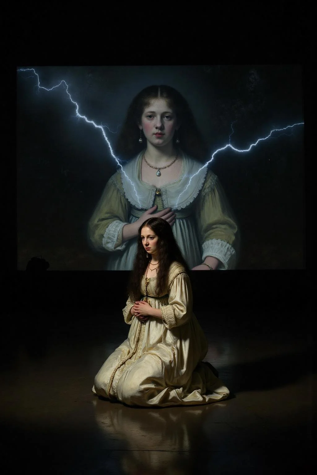 rembr2 oil painting 
Shot from the side, surreal, overhead shot of a a woman with long, dark hair, kneeling on a reflective, wet surface under intense rain and lightning. She wears a flowing, white dress. she gazes forward with an intense, almost sorrowful expression. Behind her, a massive screen displays a haunting image of the same woman, layered with flashes of lightning, adding a surreal, dreamlike quality.  <lora:rembr_paint1_semicap_d6a3:1.0><lora:812152365764520753:0>