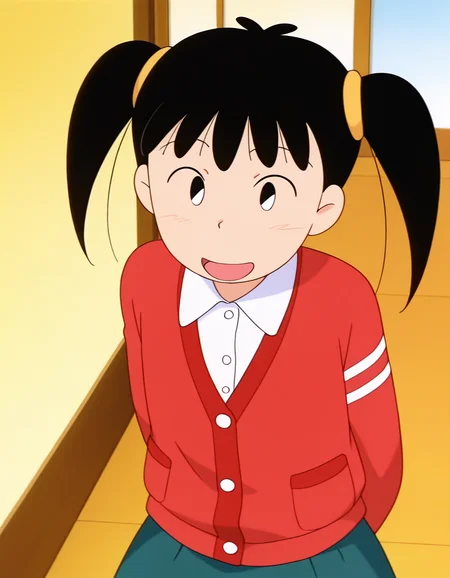 (masterpiece:1.4), (best quality:1.4),  very aesthetic, newest,best quality, amazing quality, absurdres,
anime screenshot,retro artstyle
1girl,,solo,noyama_azusa,twintails,black hair,black and white eyes,hair ornament,
 <lora:noyama_azusa_v9:1>
collared shirt,red cardigan,green skirt
smile,open mouth
looking at viewer
upper body
pinup