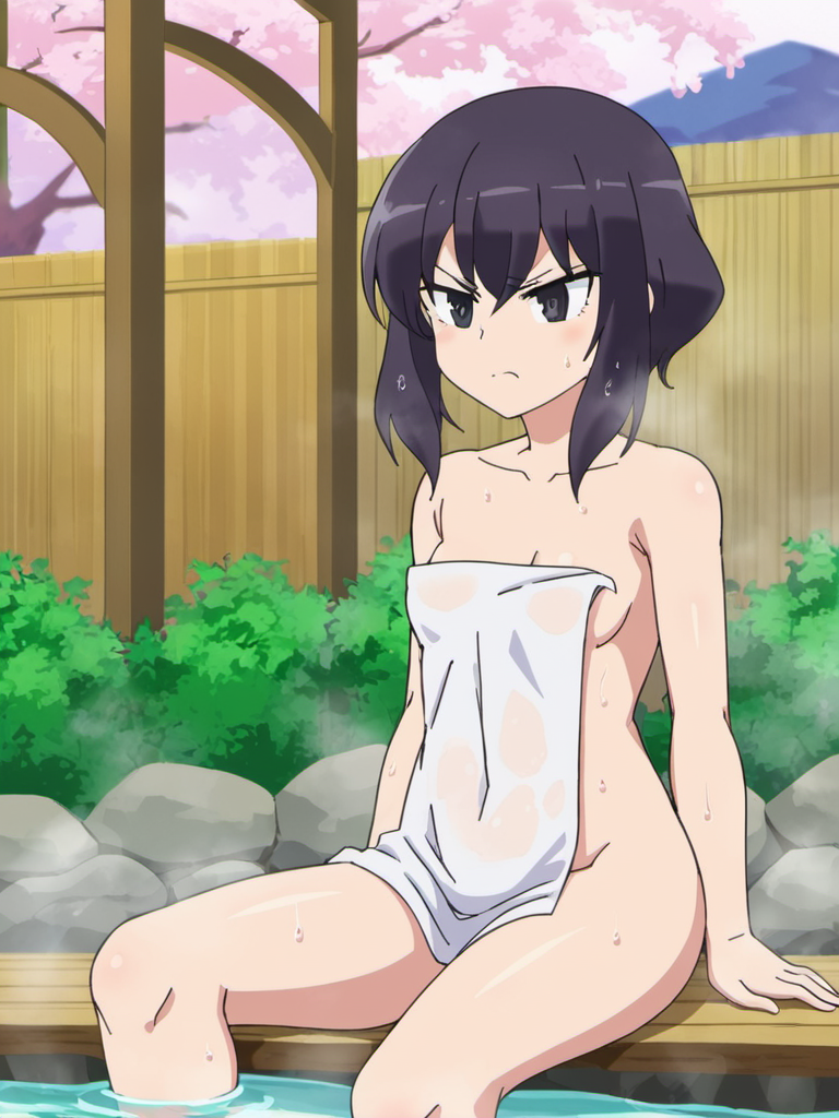 source_anime, rating_explicit, score_9, best quality, masterpiece, 1girl, solo, <lora:Kaoru_Nagase_PDXL_v1:0.7> 18 year old, kaoru, black hair, black eyes, angry, (simple white background:1.3), nude, naked, small breasts, outdoors, onsen, towel, naked towel, steam, bathing, nude cover, partially submerged, water, bath, steam censor, wet towel