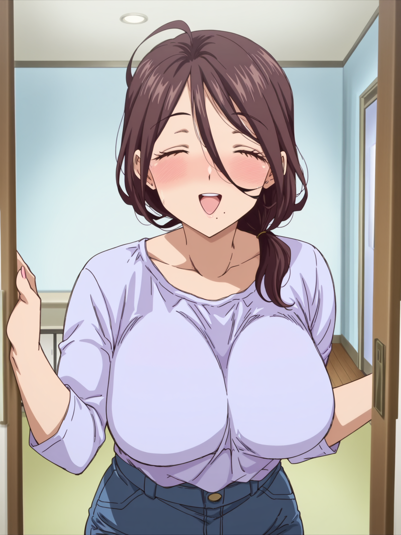 anime coloring, anime screencap, masterpiece, best quality, amazing quality,
inside, 
 <lora:Aoi_and_Yuko_Nikuen:1>
Yuko (character), 1girl, mature female, solo, mole under mouth, closed eyes, blush, brown hair, mole, purple shirt, jeans, open mouth, long hair, hair between eyes, facing viewer, cowboy shot, happy girl, :D