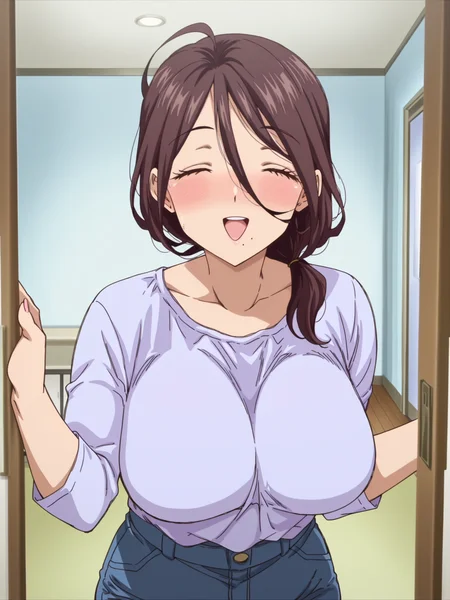 anime coloring, anime screencap, masterpiece, best quality, amazing quality,
inside,
<lora:Aoi_and_Yuko_Nikuen:1>
Yuko (character), 1girl, mature female, solo, mole under mouth, closed eyes, blush, brown hair, mole, purple shirt, jeans, open mouth, long hair, hair between eyes, facing viewer, cowboy shot, happy girl, :D