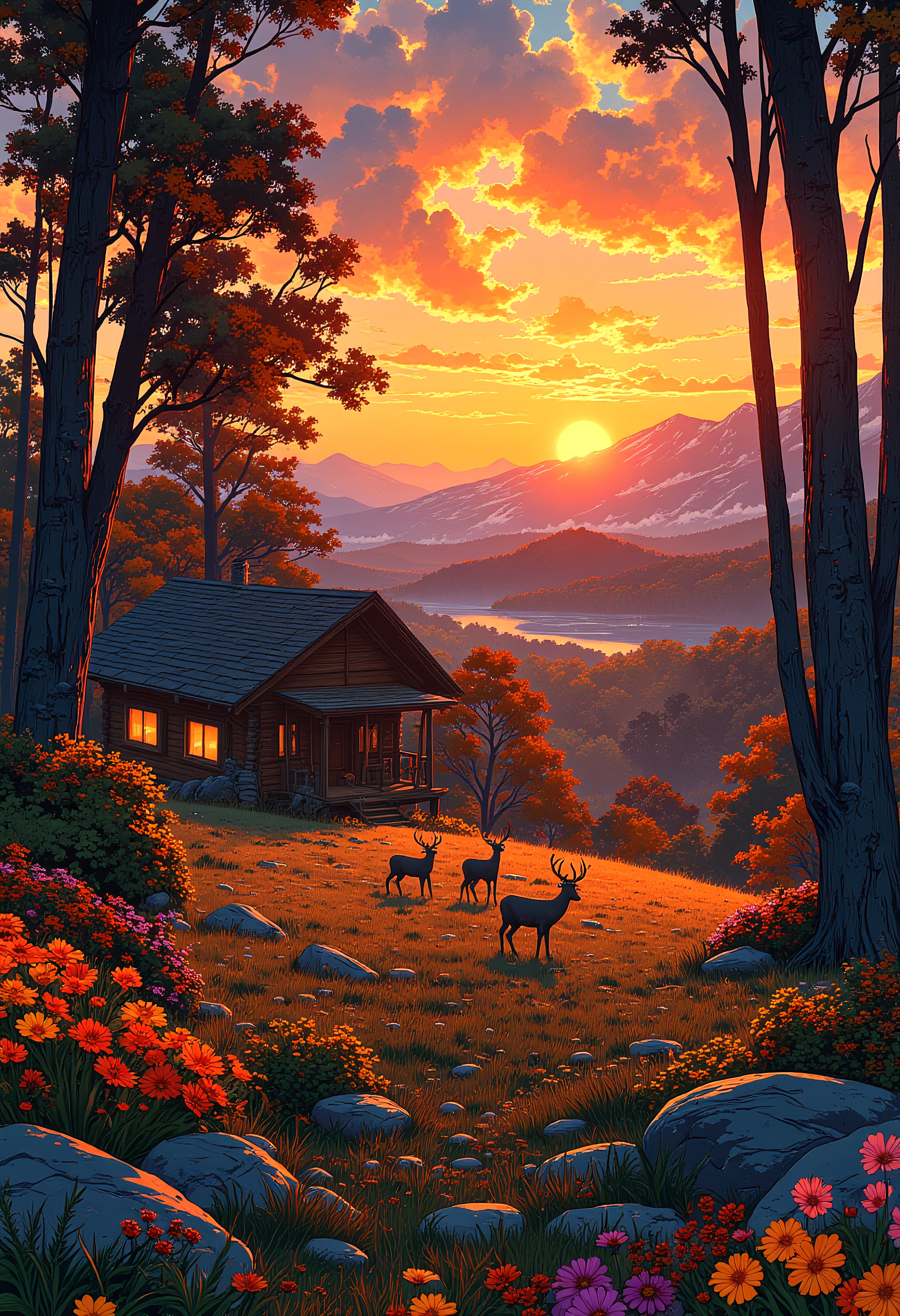 A sunset cabin in the woods, A deer grazing in the foreground back lit by the setting sun, colorful wild flowers scattered on the ground