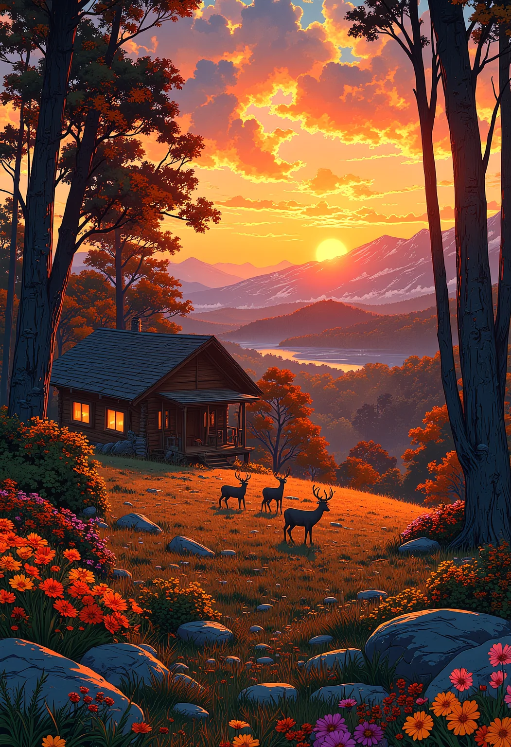 A sunset cabin in the woods, A deer grazing in the foreground back lit by the setting sun, colorful wild flowers scattered on the ground