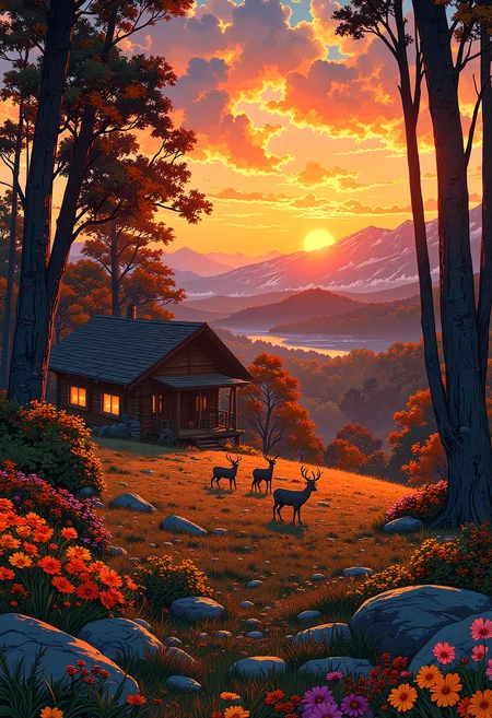 A sunset cabin in the woods, A deer grazing in the foreground back lit by the setting sun, colorful wild flowers scattered on the ground