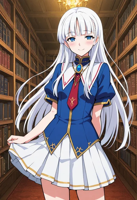 score_9,score_8_up,score_7_up,source_anime,5_figner,2d_animation,game cg,BREAK,1girl,solo,
Sherry White,white hair,long hair,hime cut,blue eyes,small breast,
school uniform, short sleeves, brooch, red necktie, white skirt,white socks,
upper body,looking at viewer,standing,front view,smile,blush,
libraries,fantasy,
masterpiece,best qualit,ultra-detailed,illustration,an extremely delicate and beautiful,beautiful detailed eyes,unity 8k wallpaper,high resolution,anime CG,official_art,