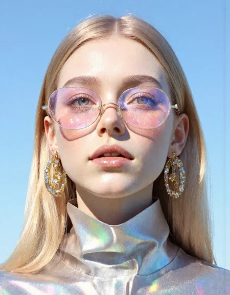 A hyper-detailed, avant-garde photograph featuring a striking europian beautiful supermodel girl with long hair and pale light brown skin against a clear, plump lips, light blue sky. Her full-face close-up highlights the smooth texture of her flawless complexion. Diamonds sparks on her cheek, adding an artistic touch. Shimmering metallic eyeshadow enhances the depth of her piercing gaze, while her glossy, deep red lips create a bold contrast to her skin. pink sunglasses.
Large, intricately detailed golden earrings shaped like a thin rings reflect light, contributing to her modern allure. She wears metallic urban Buddhist monk clothing, with a turtle neck that enhances her avant-garde look. The reflective surfaces of her earrings and outfit create a dynamic interplay with the environment, emphasizing her sleek presence.
The minimalist background allows the viewer to focus on her eye-catching fashion and makeup. Captured with a Sony A7R IV camera and a 50mm f/1.2 G Master lens for a beauty editorial shoot, this composition highlights her fashion-forward aesthetic. Inspired by avant-garde fashion photography from Solve Sundsbo, this image blends contemporary fashion and minimalist elegance, embodying mythp0rt and niji_flux styles for a sleek, high-fashion vision. ((glow_skin, iridescent skin, oily skin, portrait)), , <lora:20:0.8> candy colors in the style of ckcf, <lora:ck-candyFLUX:1>, detailifier <lora:detailer_flux_v1:1>