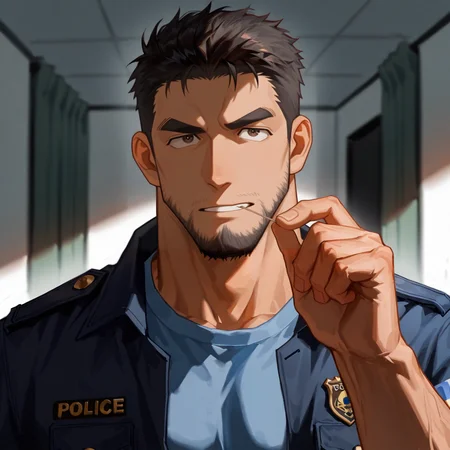 <lora:Date_Wataru__Case_Closed-000008:.6>,Date Wataru, Holding a toothpick in his mouth,, Police uniform, open clothing,
(very short hair, beard, bara, mature, facial hair, stubble, beard, full beard, sideburn, beard, a lot of beard, ), facial hair,male focus, muscular male, muscular male, bara, mature,  bara, mature, aixiwuganda_(20222192), very awa, masterpiece, best quality, absurdres, newest, perfect quality, detailed background, intricate details,
<lora:slider_Body Type_alpha1.0_rank4_noxattn_last:3><lora:style_Anime Summer Days 2 Style SDXL_LoRA_Pony Diffusion V6 XL:.6><lora:slider_cfg_scale_boost:.7><lora:Artist6p:.55>, Artist6p, Artist04p,<lora:slider_il_brightness_slider_d1:-1><lora:slider_il_contrast_slider_d1:-1><lora:slider_DarkSlider1.2_alpha1.0_rank16_full_300steps:-.6>