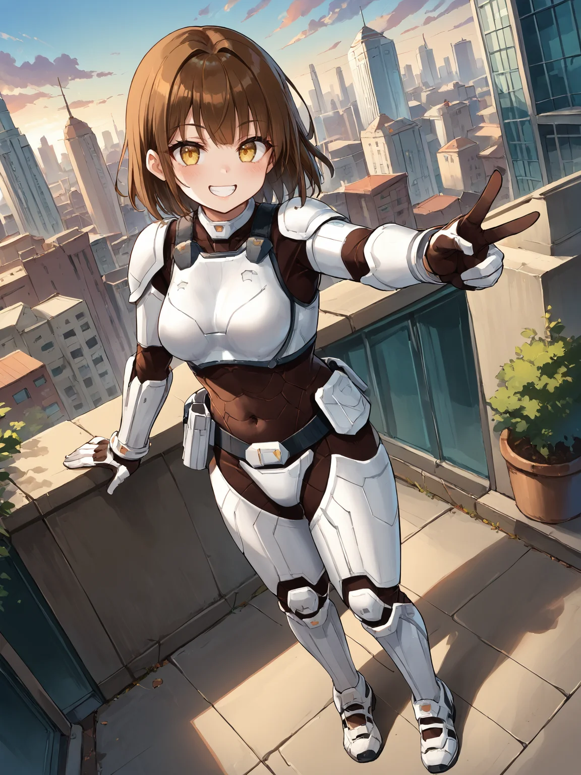 score_9, score_8_up, score_7_up, <lora:offset_0.2:0.1>, <lora:spo_sdxl_10ep_4k-data_lora_webui:1>, BREAK,
1girl, solo, source_anime, BREAK,
terraformarsmoviebodysuit, armored bodysuit, black bodysuit, white armor, boobplate, shoulder pads, wrist guards, black gloves, white gloves, utility belt, belt pouch, hip armor, crotch plate, thigh armor, knee pads, shin guards, armored shoes, <lora:Terraformars:1>, BREAK,
brown hair, choppy bangs, medium hair, yellow eyes, smile, blush, looking at viewer, BREAK,
medium breasts, selfie, (reaching towards viewer, hand out of frame:1.4), (v, peace sign:1.3), dutch angle, BREAK,
full body, from above, outdoors, city, skyline, blue sky