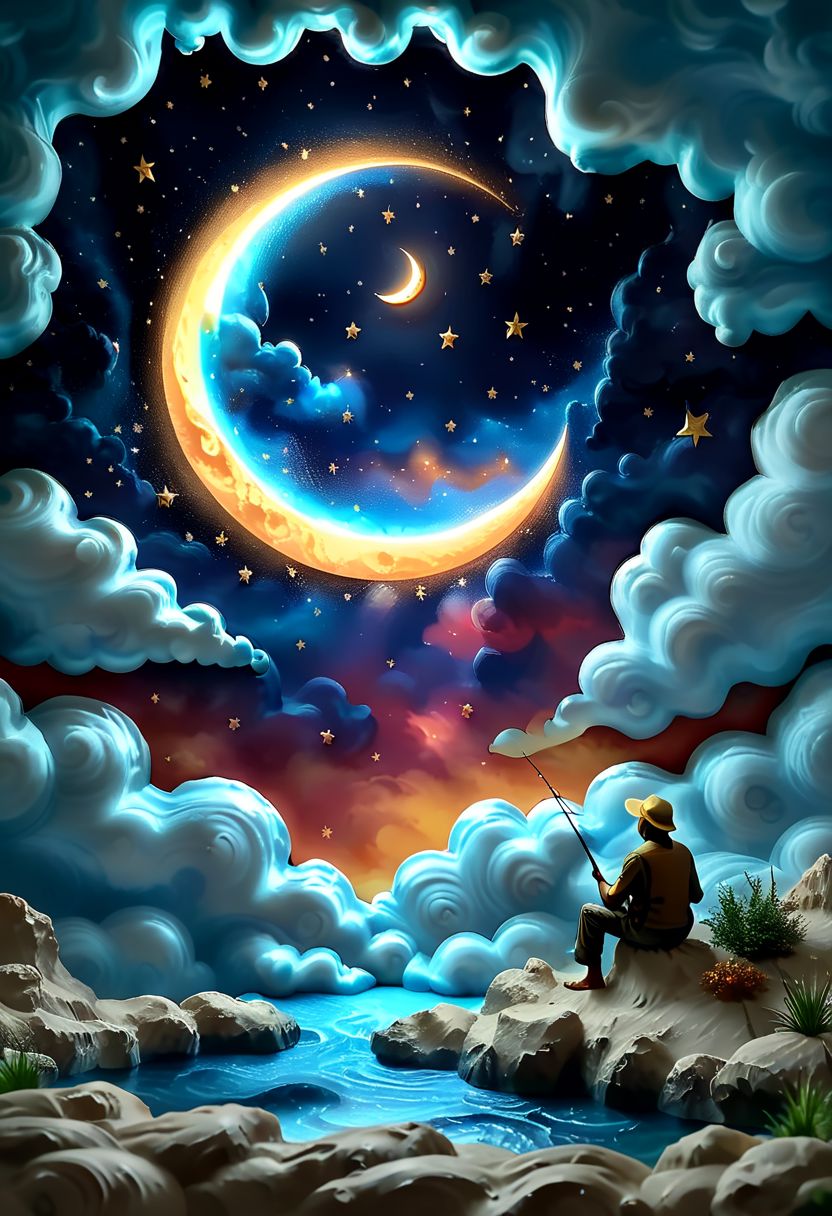 The silhouette of a fisherman fishing, sitting on the edge of a crescent moon, in the sky, starry, clouds, solo, vibrant, photo realism, Masterpiece, (8k:1), best quality, ultra detailed, best artist, micro details, sharp edges, detailed textures, (full body shot:1), atmospheric lighting, visually stunning, perfect composition, trending on artstation