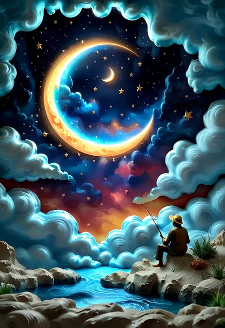 The silhouette of a fisherman fishing, sitting on the edge of a crescent moon, in the sky, starry, clouds, solo, vibrant, photo realism, Masterpiece, (8k:1), best quality, ultra detailed, best artist, micro details, sharp edges, detailed textures, (full body shot:1), atmospheric lighting, visually stunning, perfect composition, trending on artstation