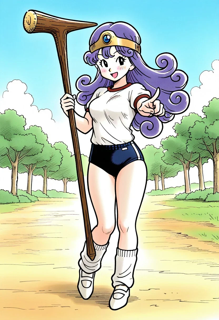 general,highres, ultra-detailed,very aesthetic,best quality ,best hands, BREAK 1girl,black eyes, long hair, blue hair, purple hair, sage (dq3), breasts, curly hair,
solo,((gym uniform)),((buruma)),loose socks,Lofer, staff, holding, open mouth, circlet, looking at viewer,holding staff, pointing,
full body,blush, kind smile,standing,outdoor,day, sky,