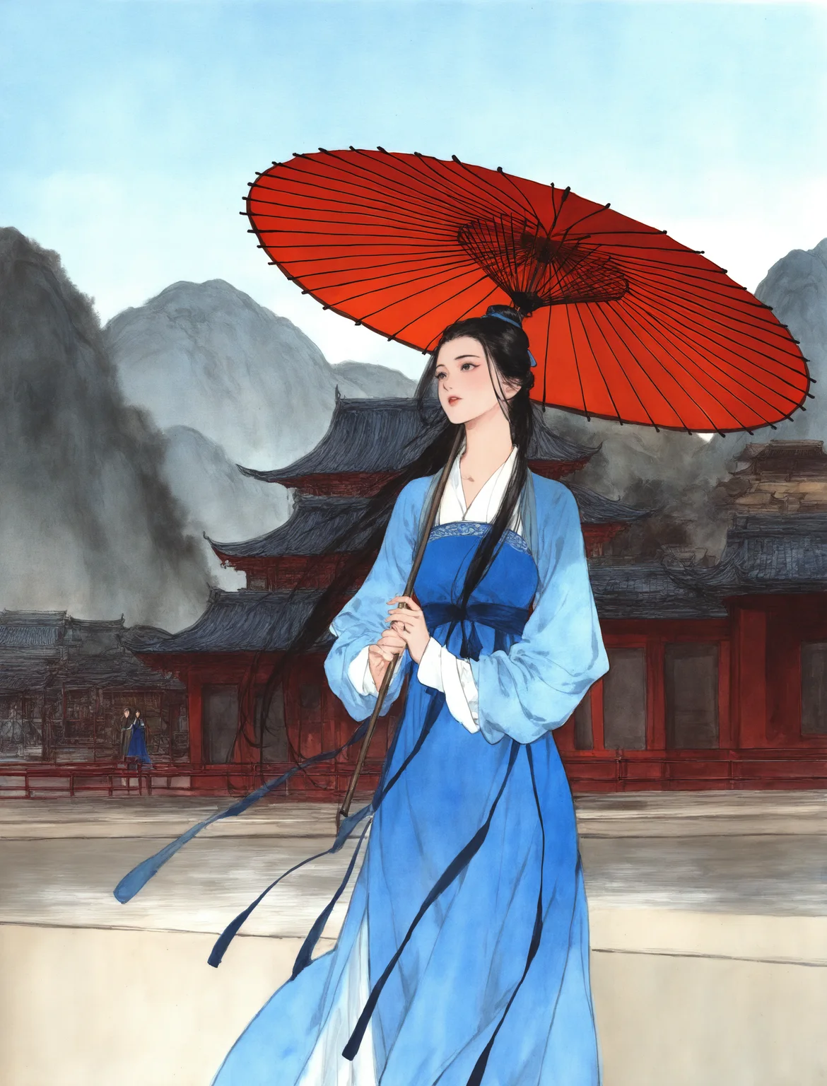 1girl, solo, long hair, black hair, long sleeves, dress, holding, standing, outdoors, black eyes, blue dress, chinese clothes, umbrella, holding umbrella, oil-paper umbrella, east asian architecture, hanfu, traditional media
masterpiece, absurdres,
<lora:freehandink_V1:1>