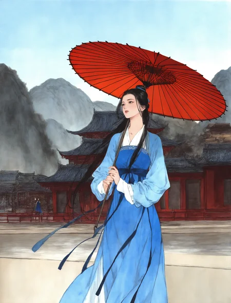 1girl, solo, long hair, black hair, long sleeves, dress, holding, standing, outdoors, black eyes, blue dress, chinese clothes, umbrella, holding umbrella, oil-paper umbrella, east asian architecture, hanfu, traditional media
masterpiece, absurdres,
<lora:freehandink_V1:1>