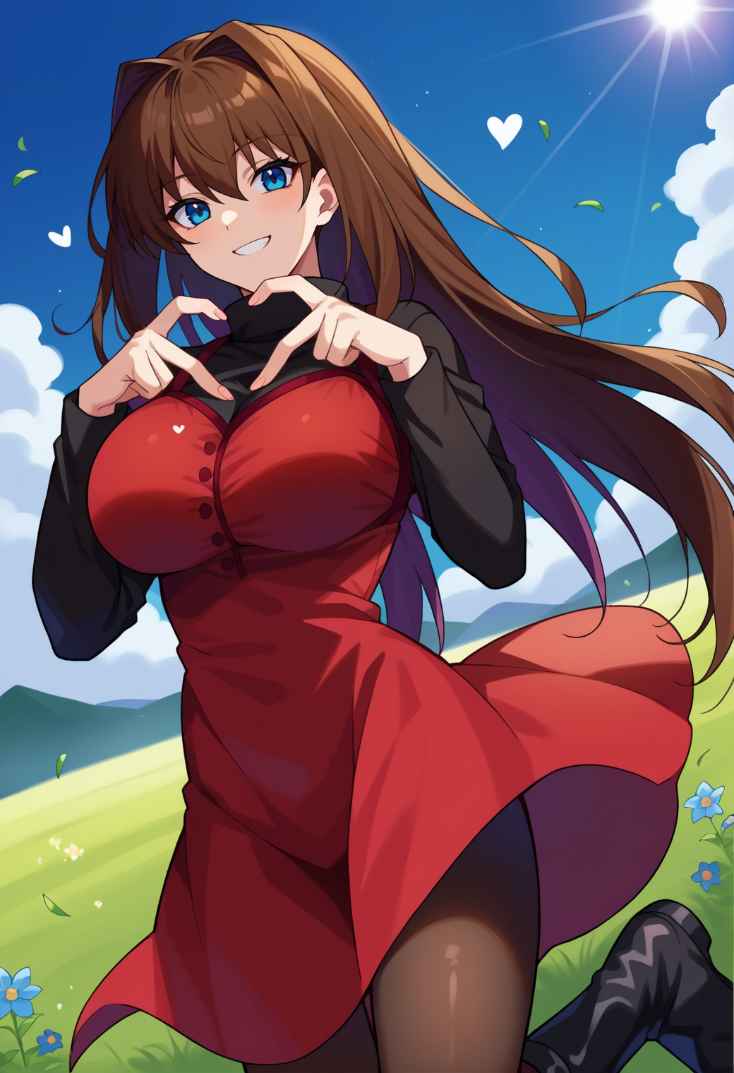 score_9, score_8_up, source_anime  BREAK solo, 1girl, looking at viewer, cowboy shot,
<lora:AozakiPdxlDwnsty-000008:1>, aozakidef, blue eyes, brown hair, long hair, hair intakes, red dress, turtleneck, black pantyhose, long sleeves, black sweater, knee boots, black footwear, heart fingers, heart hands,  <lora:Heart_Fingers__Concept_Lora-000007:1>,
curvy, large breasts, smile,
outdoors, grass, wind, sunlight, blue sky, dutch angle, flower field,