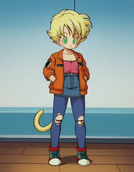 zPDXL, score_9, score_8_up, score_7_up, score_6_up, score_5_up, 4k, absurdres, looking at viewer, <lora:Perfect Hands:0.8> Perfect Hands, 1girl, solo,
:D, animal pose, denim-jacket, midi-skirt, ankle-strap-flats, opaque-pantyhose,
<lora:EarlyAkira_v4:0.9> drgbls1, retro artstyle, 1980s \(style\), anime coloring, torn clothes,, <lora:Parsleah_v1:0.7> parsleahssj, blonde hair, short hair, spiked hair, super saiyan, green eyes, no pupils, (monkey tail, yellow tail), small breasts