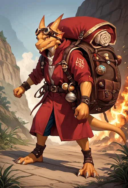 goblin, 1boy, golden skin, Kobold, furry dragon, slender body, small, adult,  tail, short stature, full body, score_9, score_8_up, score_7_up, fighting pose, looking at viewer, holding iron ball with burning fuse, , score_6_up, alchemist bomber, goggles on head, pathfinder portrait, potions, potion belt, red robes, golden ornaments, jewellry, junk on backpack, (((enormous backpack, silly huge backpack, gigantic backpack))),  rpg portrait, gop, oil painting \(medium\), texture, looking at viewer, tail