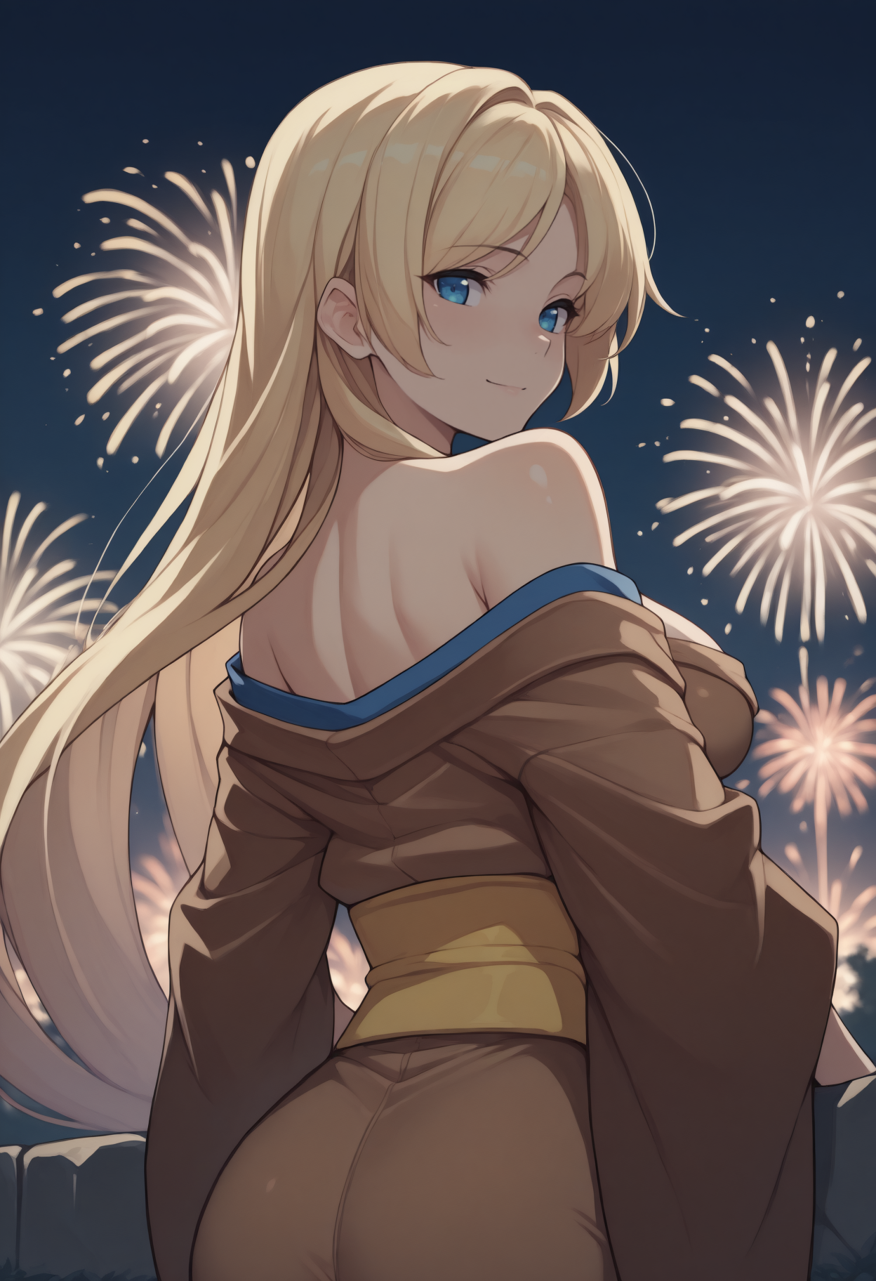 anime, masterpiece, best quality, <break> from behind, solo, 1girl, strivemilrg, slight smile, looking back, long hair, blonde hair, blue eyes, japanese clothes, brown kimono, off shoulder, yellow sash, bare shoulders, outdoors, night, fireworks
<segment:yolo-Anzhc Face seg 640 v2 y8n.pt,0.4,0.5//cid=1>