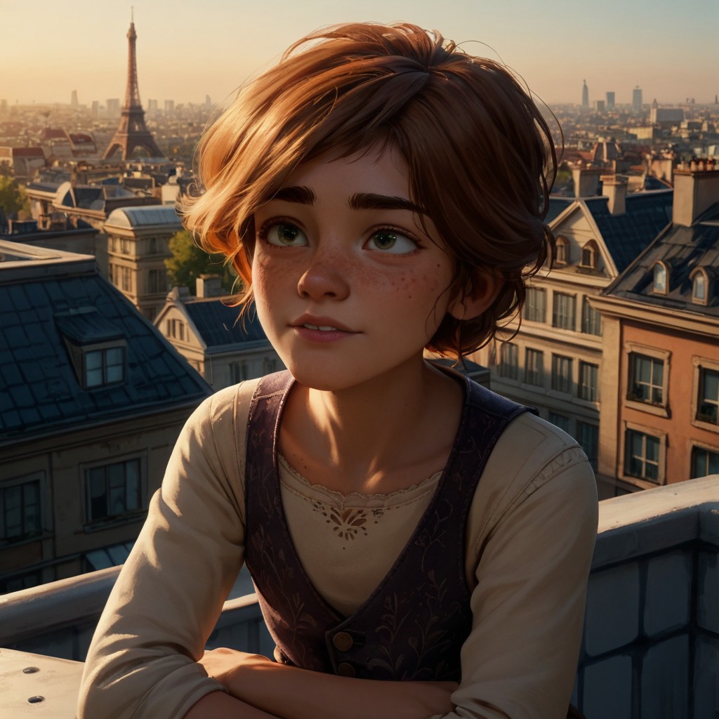 score_9, score_8_up, score_7_up, score_6_up, score_5_up, score_4_up, rating_safe, Félicie, sitting on a rooftop, paris, freckles, freckled chest, portrait, vest