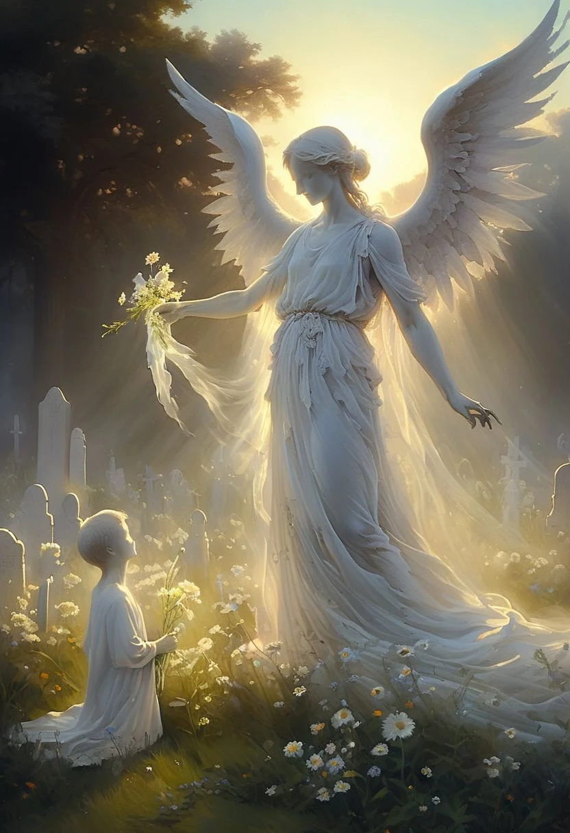 High quality, highly detailed painting, On a sunny day, in a graveyard, a young boy is offering flowers to a translucent ghost with wings