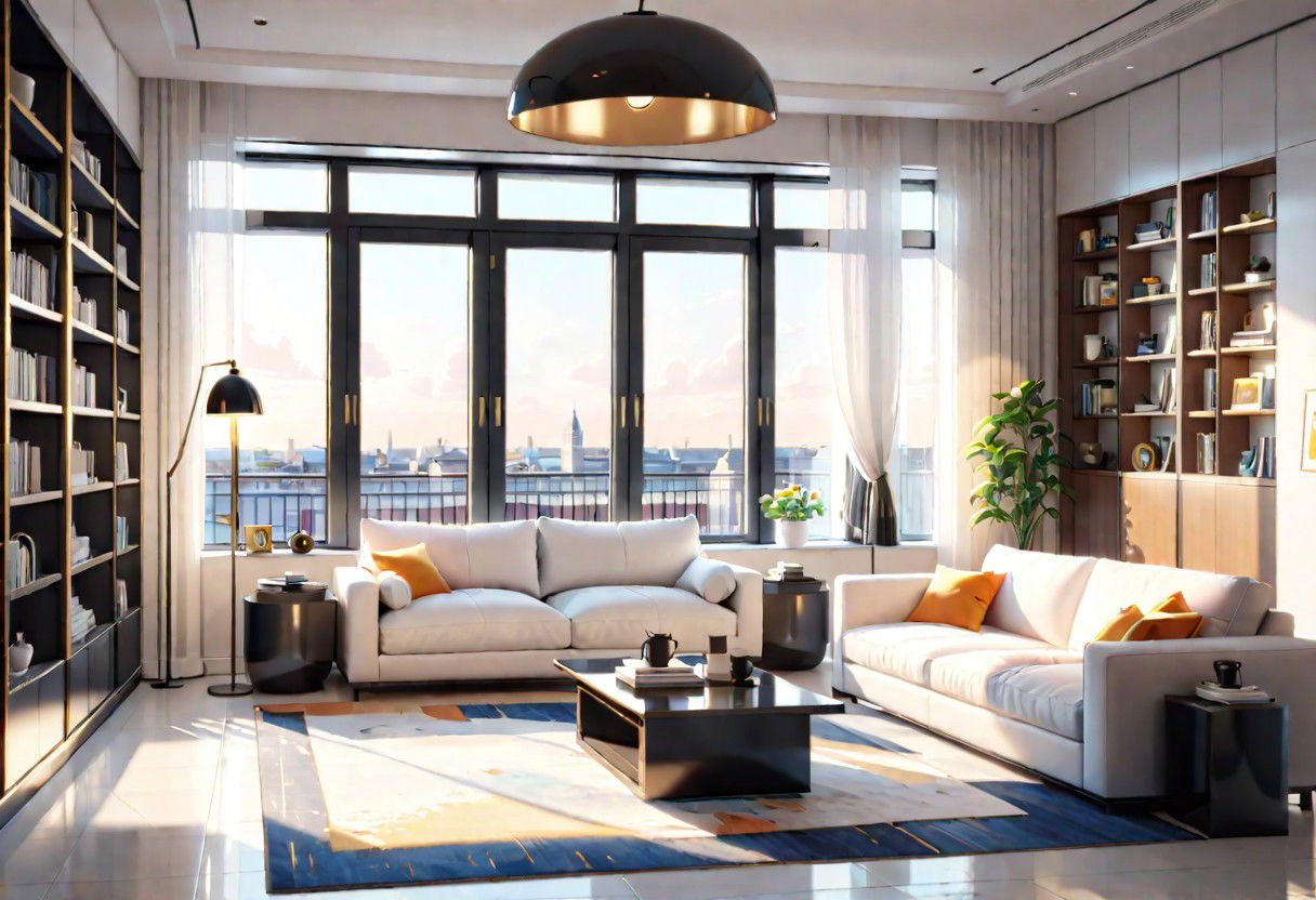 ((front view)), Shallow scene, ((animation style)), modern-style interior, with white walls, (large windows), a  study, Sofa, coffee table, bookcase, single wall, 
warm light morning sun, (the view of the city)