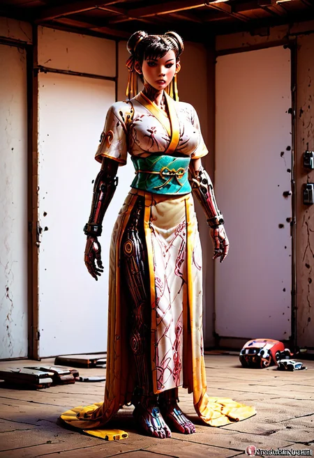 1 girl, detailed, 1girl, chun-li, kimono, covered, exploring, evi@decrepPunk, Hand, detailed, perfect, perfection, hands, 4ng3l face, robot, robotic girl,
