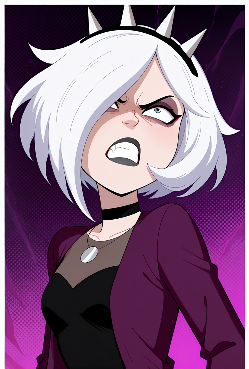 <lora:charmreb:1> charmreb, 1girl, white hair, short hair, spiked hairband, black choker, makeup, hair over one eye, eyeshadow, black lips, jacket, long sleeves, dynamic pose, purple background, mad, angry, powers, masterpiece, best quality, amazing quality, very aesthetic, absurdres, newest,, upper body, halftone effect, white borders, abstract background:1.2,