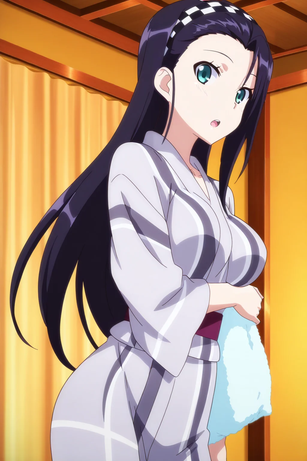 anime screenshot, anime coloring, kashima noa, 1girl, solo, black hair, long hair, forehead, asymmetrical bangs, checkered hairband, aqua eyes, medium breasts, kimono, yukata, bath yukata, holding towel, arm under breasts, looking at viewer, open mouth, cowboy shot, indoors, masterpiece, best quality, high quality, highres, absurdres, <lora:kashima_noa_ILXL_v2:0.9>