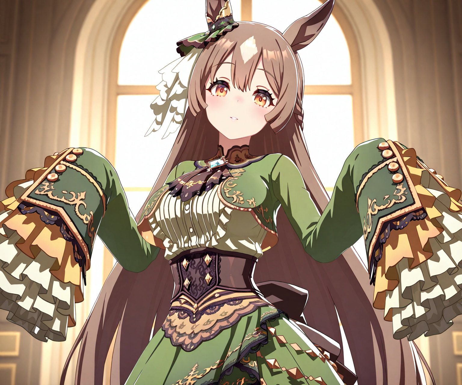 masterpiece, best quality, amazing quality, , 1girl, solo, looking at viewer,    <lora:Satono Diamond in game style 3D ILL-v2.1:1> ummsmingame, 3d, satono diamond \(umamusume\), sleeves past fingers