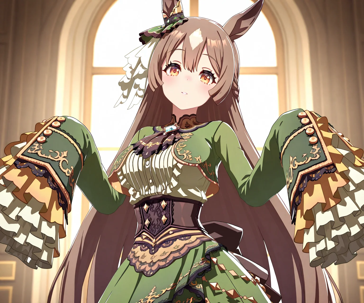 masterpiece, best quality, amazing quality, , 1girl, solo, looking at viewer,    <lora:Satono Diamond in game style 3D ILL-v2.1:1> ummsmingame, 3d, satono diamond \(umamusume\), sleeves past fingers