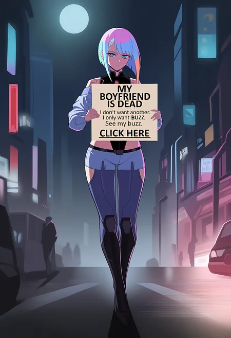 masterpiece, best quality, amazing quality, very awa, very aesthetic, absurdres, detailed background, ambient, dark, shadow, night, moody, city, newest, sfw, anime, cyberpunk 2077, cyberpunk edgerunners, female, solo, lucy,
BREAK
front view, full-length portrait, wholesome, clothing, holding object, holding sign, looking at viewer, safe for work,