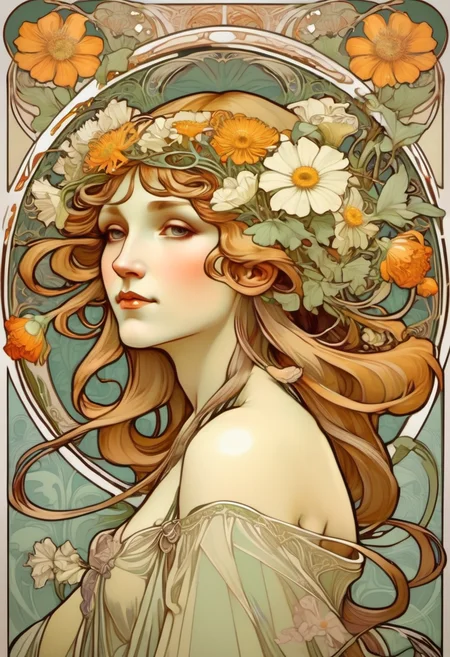 ccxl-mucha, art style, flowers, portrait  <lora:ccxl-mucha_lora_vA1:1>