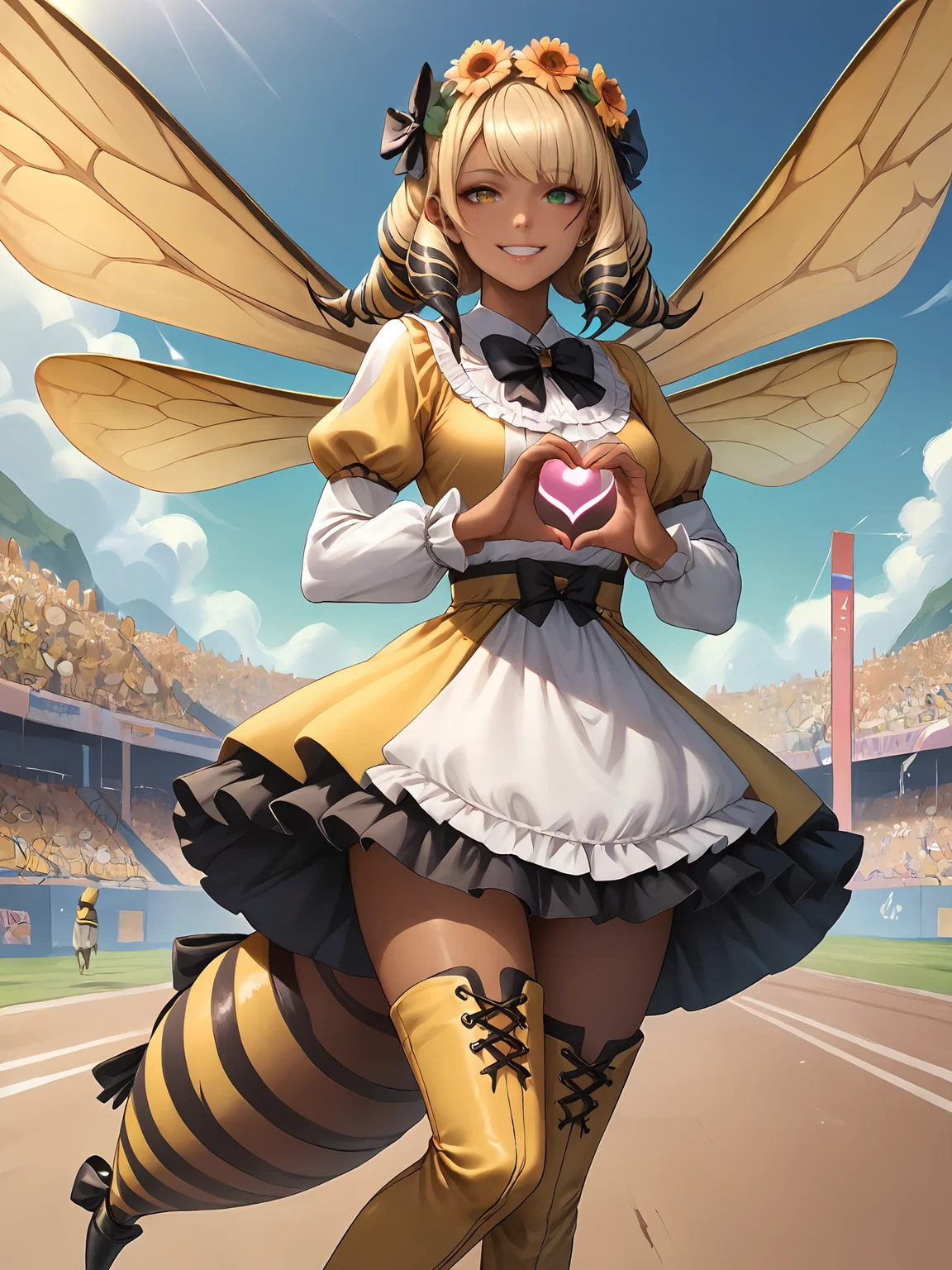 score_9, score_8_up, score_7_up,
masterpiece, best quality,highres, absurdres, very authentic,anime,
HDA_MasterpieceXL_v.1,
1girl,<lora:honeybee_FF14:0.75>, honeybeeFF14, heterochromia, yellow eyes, green eyes, blonde hair, short hair, drill hair, bangs, dark skin, hair flower, bow, hair ornament,
wings, dress, long sleeves, bee tails,
yellow thigh boots, high heel boots,
heart hands,dynamic pose,flying,legs bending,
cowboy shot,close shot, from below, face to viewer, looking at viewer,smile,teeth,tilted head,
<lora:add-detail-xl:1>