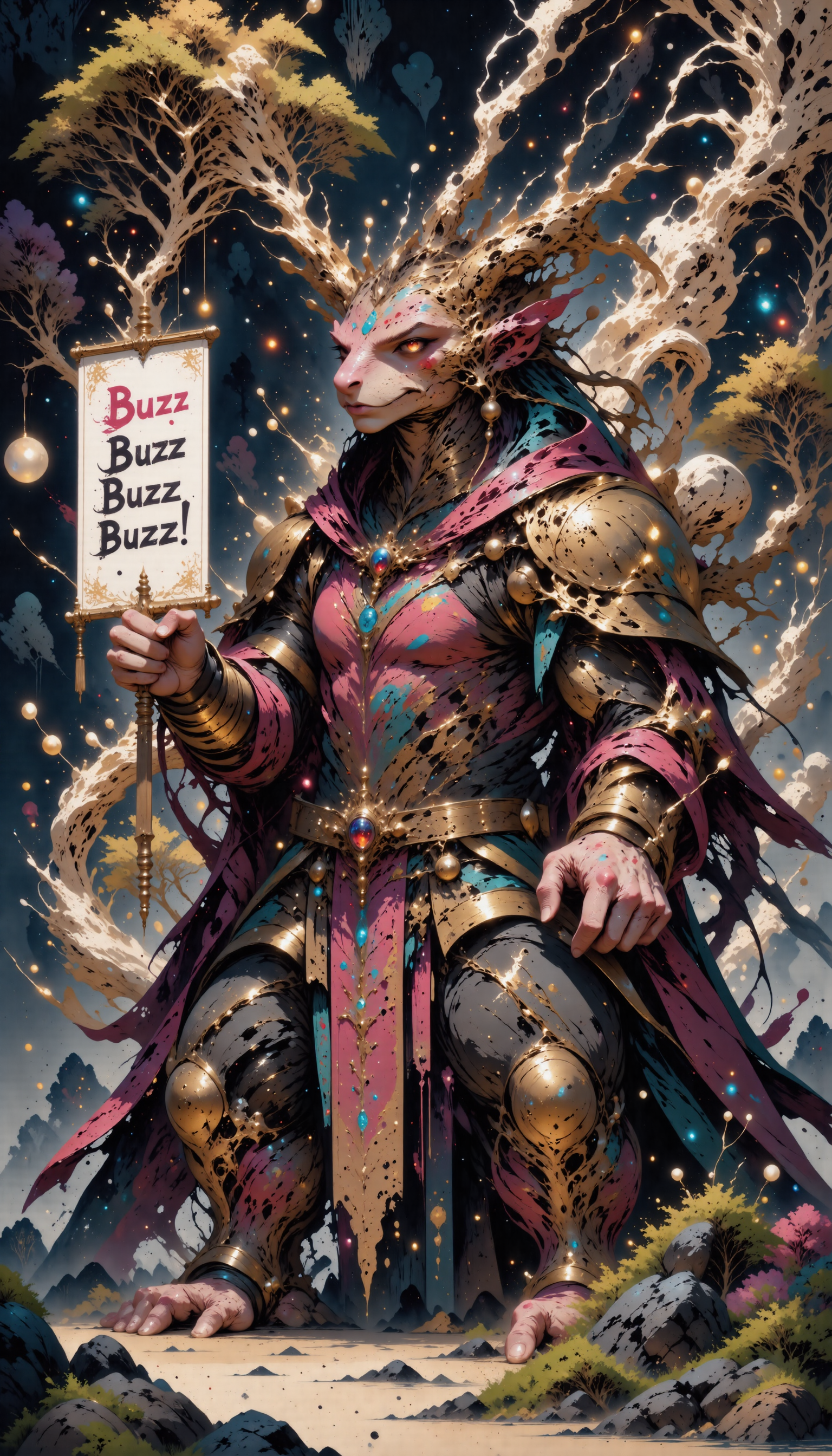grand Drawing, insane details, highly detailed, high angle shot of a traditional Vietnamese (amanoer, charmander from pokemon series holding sign it say "buzz buzz buzz":1.3) , it is very Flirty and Repressive, it is engraved with dark violet and Magenta details, it is in a Tang Dynasty setting, Cedar background, desolate space with Baobab, Thunderstorm, Bokeh, ultrafine detailed, Romantic, Vaporpunk, silhoutted against bright lightsource, Depth of field 100mm, CineColor, hearthstone artwork, Ebru, dynamic, artstation, (cinema art designed by Agnes Varda:1.3) , 2d, digital art