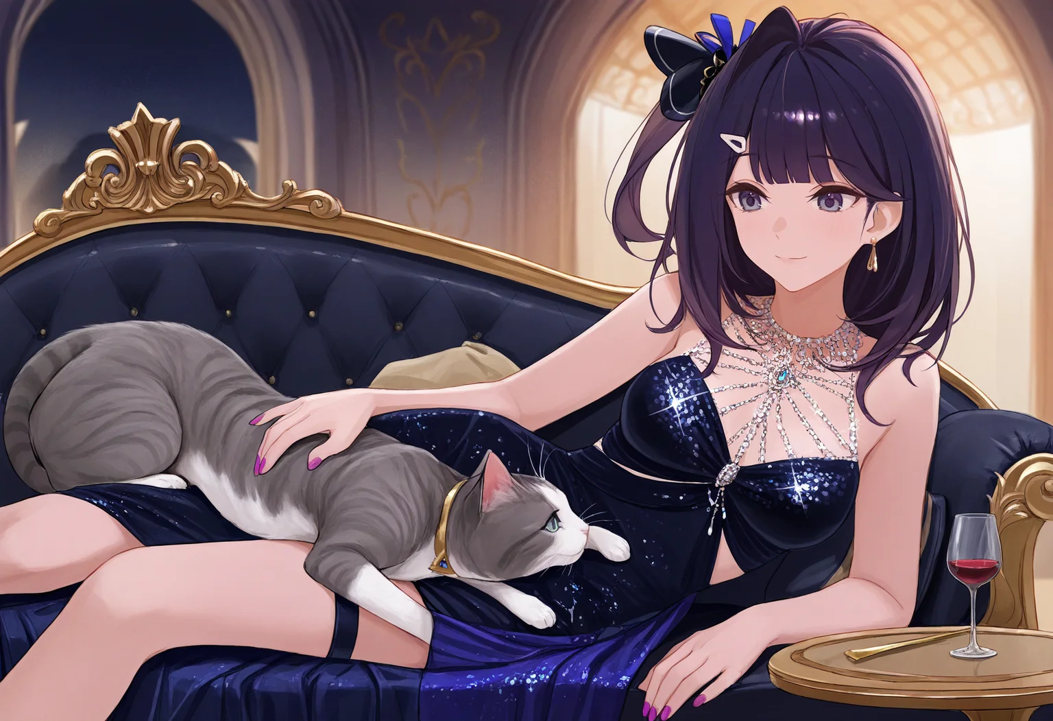 safe, masterpiece, best quality, palace, ballroom, gilding
BREAK 1girl, duo, liverpool, slim, feral cat, pet cat, animal on lap, evening dress, sequins, glitter, sparkling clothing, reclining, on side, chaise longue, wineglass, purple nails, hairclip, phon
<lora:Liverpool_NAIXL_v10:0.8>