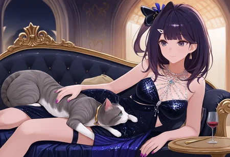 safe, masterpiece, best quality, palace, ballroom, gilding
BREAK 1girl, duo, liverpool, slim, feral cat, pet cat, animal on lap, evening dress, sequins, glitter, sparkling clothing, reclining, on side, chaise longue, wineglass, purple nails, hairclip, phon
<lora:Liverpool_NAIXL_v10:0.8>