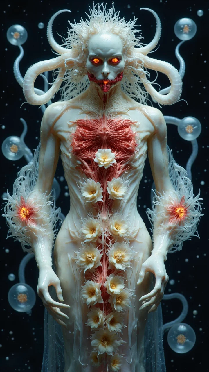 4byss, merging two aspects of deep-sea metamorphosis: one of haunting anatomical transformation and another of ethereal beauty. The composition depicts a dual-natured being in a dark aquatic void dotted with bioluminescent spheres and floating moon jellies.
The front view reveals a grotesque yet mesmerizing figure with porcelain-white skin that appears to be unraveling into thousands of delicate filaments. Its face, crowned with flowing white hair, emerges from a translucent bell-like dome, while its torso splits open to reveal intricate internal structures in crimson and ivory, suggesting both marine anatomy and blooming flowers. Segmented, crystalline tentacles curl around its form like ribcages made of living glass.
The reverse view shows a more elegant transformation, with the figure's spine blooming into a vertical array of sea anemone-like flowers, their centers glowing with warm coral-pink light. Each bloom's tentacles wave gently like underwater flora, creating a living spinal column of bioluminescent flowers. Translucent tentacles curve outward from either side like wings made of living mercury, their surfaces reflecting the scattered moonlight from above.
The figure wears a diaphanous dress that dissolves into trailing tendrils, blurring the line between fabric and flesh. The entire scene is immersed in a deep marine blue atmosphere, with particles of light drifting like marine snow, creating an environment that exists somewhere between the ocean's deepest trenches and a fever dream.
The overall effect suggests a being caught between beauty and horror, transformation and disintegration, with elements that simultaneously evoke deep-sea creatures, blooming flowers, and anatomical structures, all rendered in an unsettling yet captivating style that challenges the boundary between the grotesque and the sublime