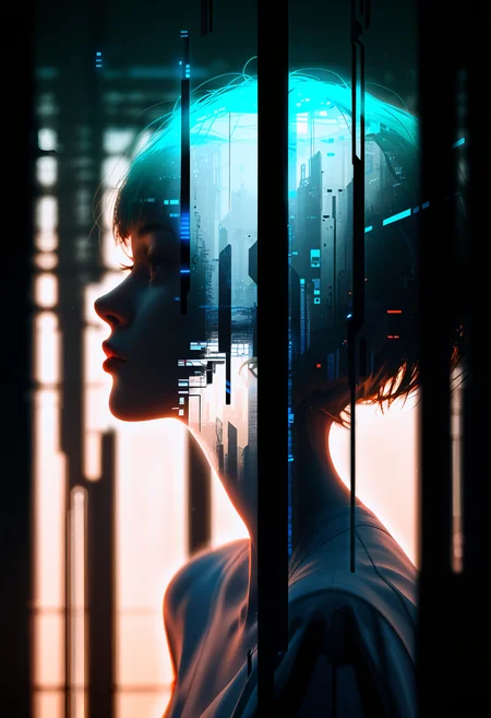 1girl, (silhouette outline, transparent body:1.2), blurred edges, (double exposure electronic circuit, electronic board, binary, neural network:1.1), (double_exposure, d2exp, neonid2exp:1.2), (depth of field:1.3), abstract background, glitch, deep glow effect, science fiction, future, realistic, score_9, score_8_up, score_7_up, <lora:neoni2exp:1>