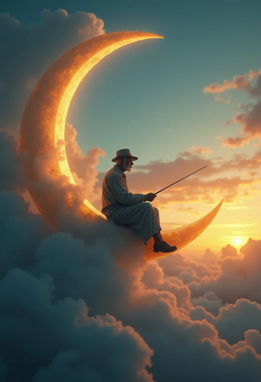 An old man sits serenely on a crescent moon, (fishing among the clouds:1.4). The scene has an evening, tranquil atmosphere. It’s dreamy and whimsical.
deep depth of field, photography, Natural geographic photo, Hyper-realistic, 16k resolution, (masterpiece, award winning artwork), many details, extreme detailed, full of details, Wide range of colors, high Dynamic,