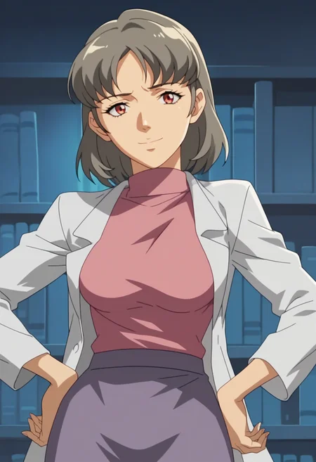 score_9, score_8_up, score_7_up, score_6_up, anime screencap, anime coloring, <lora:TheUrotsukiMob1_epoch_9:0.9>, UNSRS, 1girl, solo, grey hair, medium hair, red eyes, breasts,
lab coat, pink turtleneck, purple pencil skirt,
standing, smile, hand on own hip, looking at viewer, closed mouth, 
BREAK night, office, bookshelf, dark background,