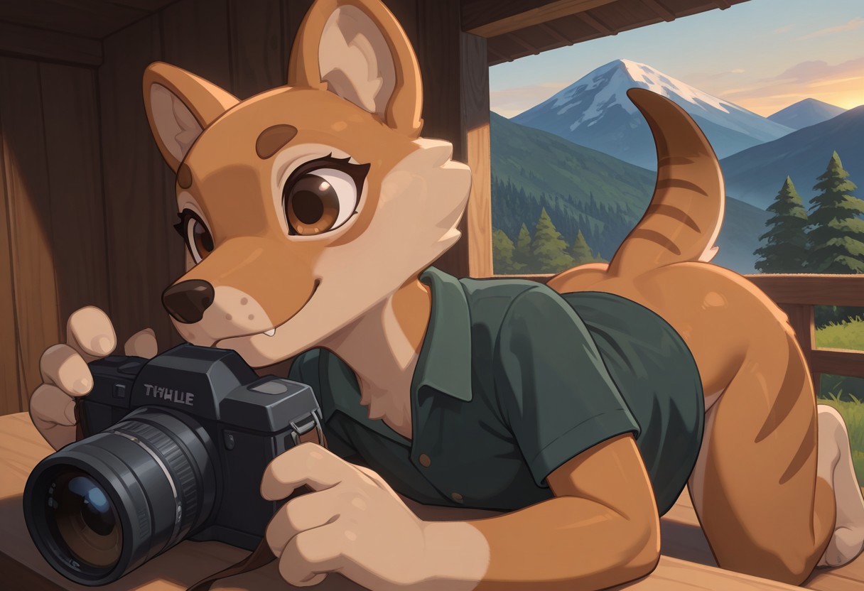 1girl, highres, absurdres, newest, masterpiece, best quality, furry, small tail, claws, benji, female, Thylacine, wolf legs, brown wool, brown eyes, 4 fingers, 3 toes, green shirt, detailed eyes, professional lighting,  solo,  seductive,  masterpiece, camera, tеakes pictures, mountain,  trees