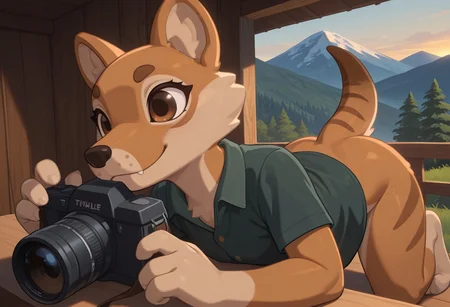 1girl, highres, absurdres, newest, masterpiece, best quality, furry, small tail, claws, benji, female, Thylacine, wolf legs, brown wool, brown eyes, 4 fingers, 3 toes, green shirt, detailed eyes, professional lighting, solo, seductive, masterpiece, camera, tеakes pictures, mountain, trees