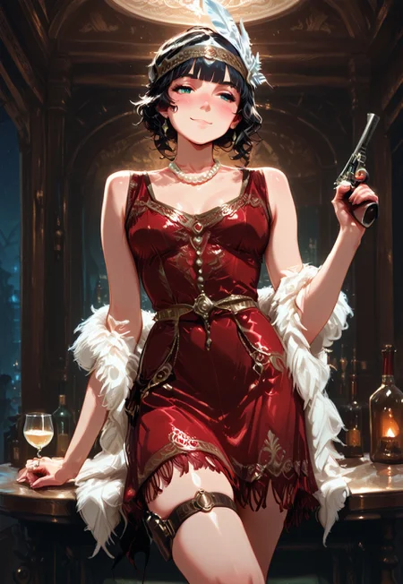 1girl, solo, sexy, green eyes, short straight hair, black hair, blunt bangs, collarbone, small breasts, thick thighs, hourglass figure,
BREAK  
1920s, flapper, fringed edges, red dress, white feather boa, white feather hairband, jewelry, pearl necklaces, thigh holster, 
BREAK  
dynamic angle, dynamic pose, sexy pose, modelling, lidded eyes, dazed smile, drunk, blush, holding one handgun (nambu type 14), 
BREAK
Indoors, at night, opulent palace bar (place), bottles, candlelight, rich expensive fancy, detailed background, 
BREAK
(safe_pos, fine texture, masterpiece, ultra-detailed, very aesthetic, absurdres, volumetric lighting, scenery, newest), RDR, G0thicL1nes,
BREAK