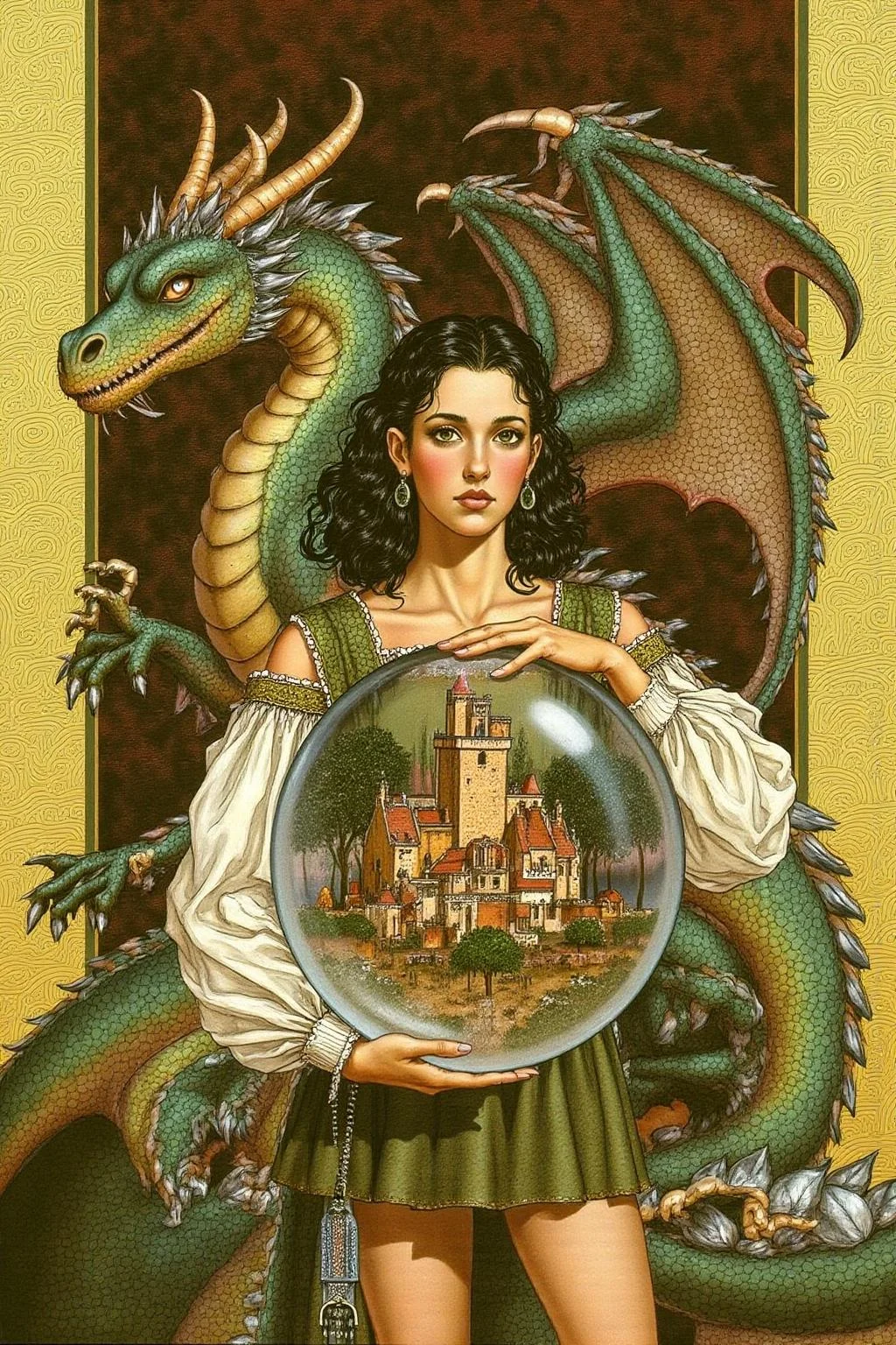 jole1 illustration.
A young woman with curly, dark hair, dressed in medieval-inspired attire, including a white, long-sleeved blouse and a green, knee-length skirt. She holds a large, clear glass orb in her hands, revealing a miniature, detailed scene inside. The scene inside the orb depicts a medieval town with a castle, houses, and trees, bathed in a warm, golden light. There is a dragon with green and brown scales standing behind her. <lora:jole1_cap_d6a3e12:1.0><lora:825861360207270087:0>