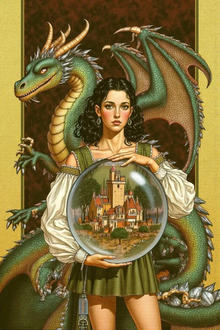 jole1 illustration.
A young woman with curly, dark hair, dressed in medieval-inspired attire, including a white, long-sleeved blouse and a green, knee-length skirt. She holds a large, clear glass orb in her hands, revealing a miniature, detailed scene inside. The scene inside the orb depicts a medieval town with a castle, houses, and trees, bathed in a warm, golden light. There is a dragon with green and brown scales standing behind her. <lora:jole1_cap_d6a3e12:1.0><lora:825861360207270087:0>